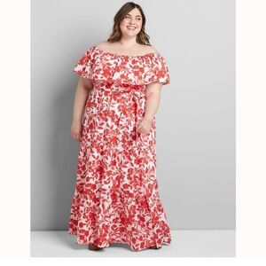 Lane Bryant Red Floral Off the Shoulder Maxi Dress